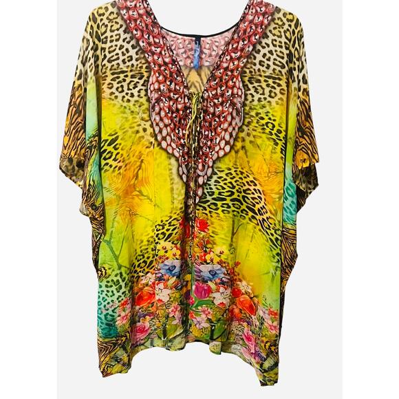 WHITE MARK KIMONO PULL-OVER TIE-UP NECK CAFTAN BLOUSE, WOMENS, 2XL, MULTICOLORS - Picture 1 of 9